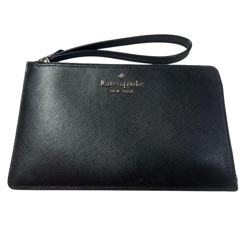 Kate Spade New York Black Saffiano Leather Wristlet Pouch Gold Hardware Zipper